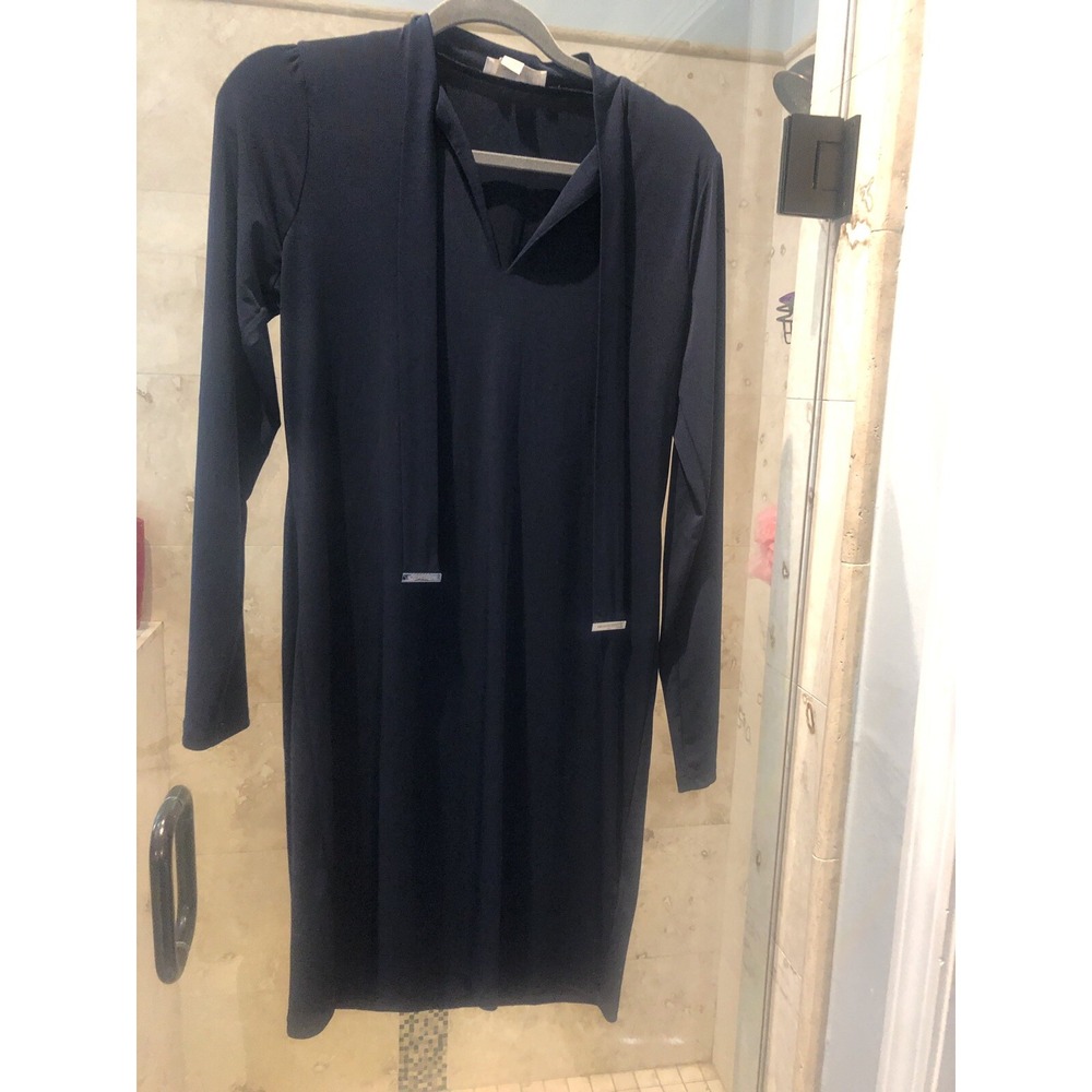 Michael Kors Women Navy Blue Tie-Neck Choker Jersey Logo Dress Small S